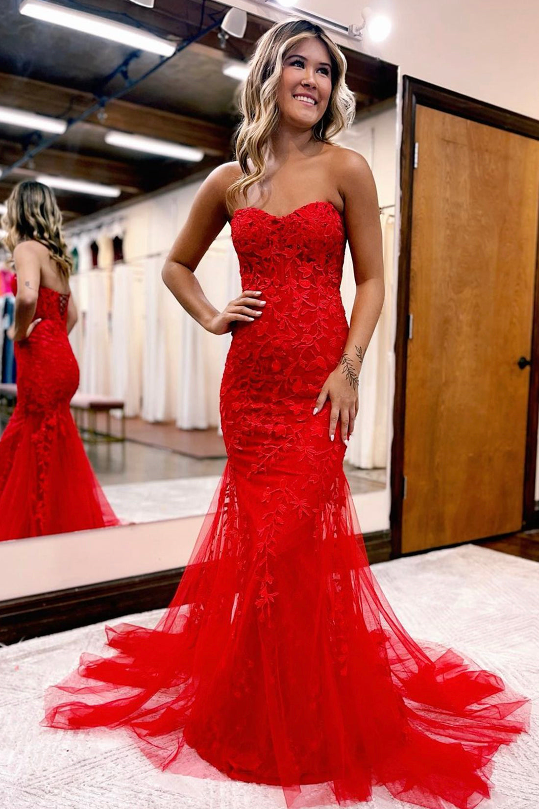 red strapless prom dress